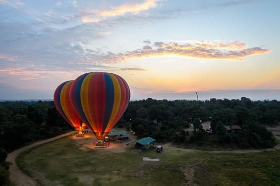 Hot air balloon over savanna